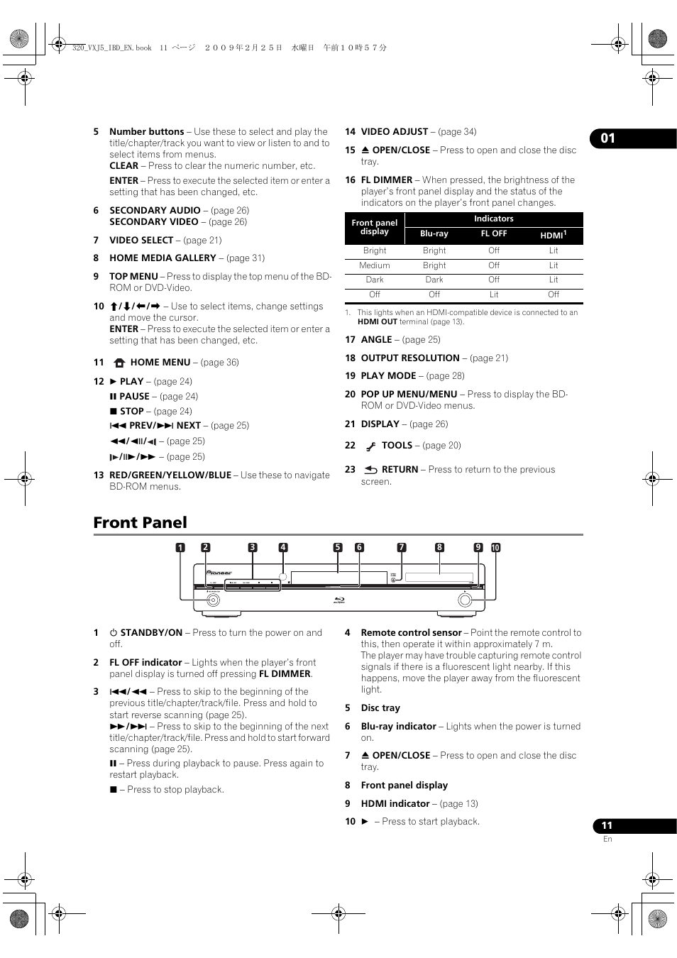 Front panel, Ront panel | Pioneer BDP-320 User Manual | Page 11 / 64