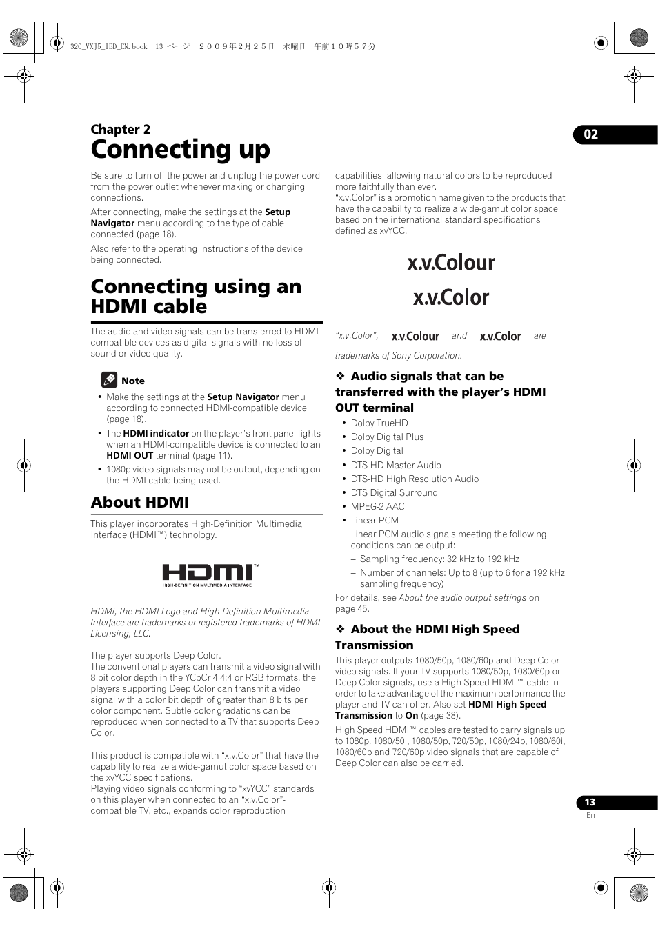 Connecting up, Connecting using an hdmi cable, About hdmi | 02 chapter 2 | Pioneer BDP-320 User Manual | Page 13 / 64