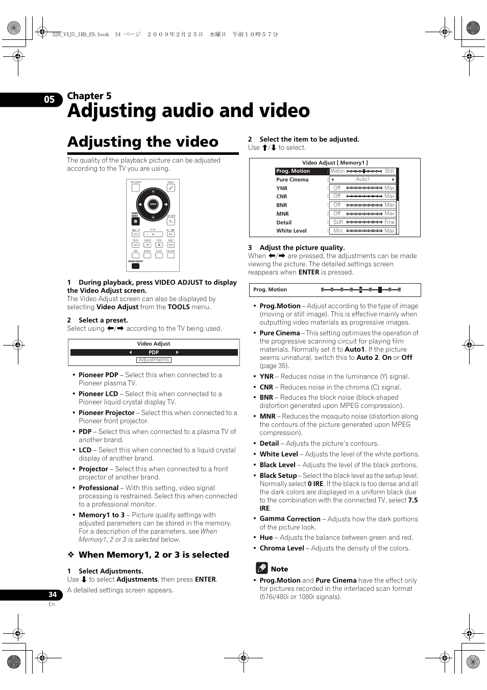 Adjusting audio and video, Adjusting the video, Chapter 5 | Pioneer BDP-320 User Manual | Page 34 / 64