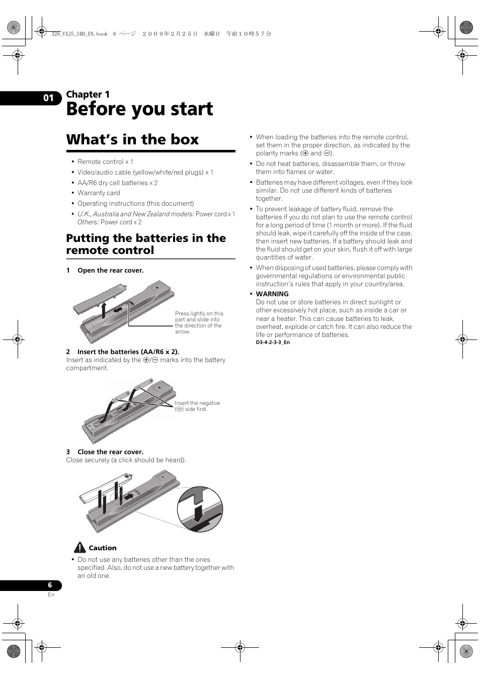 Before you start, What’s in the box, Putting the batteries in the remote control | Putting the batte, Ries in the remote control, Chapter 1 | Pioneer BDP-320 User Manual | Page 6 / 64