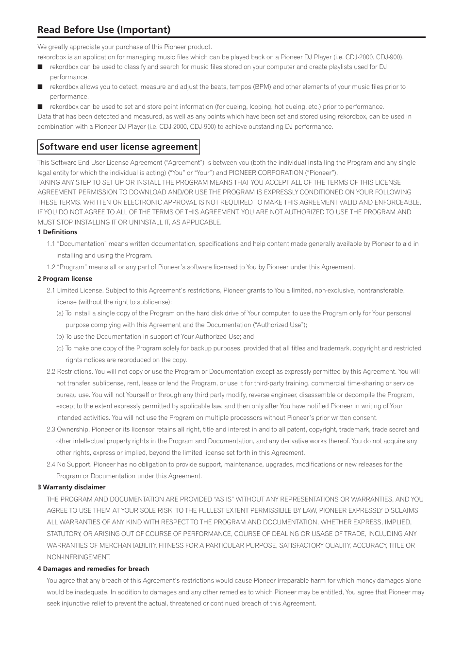 Software end user license agreement, Read before use (important) | Pioneer rekordbox User Manual | Page 2 / 7