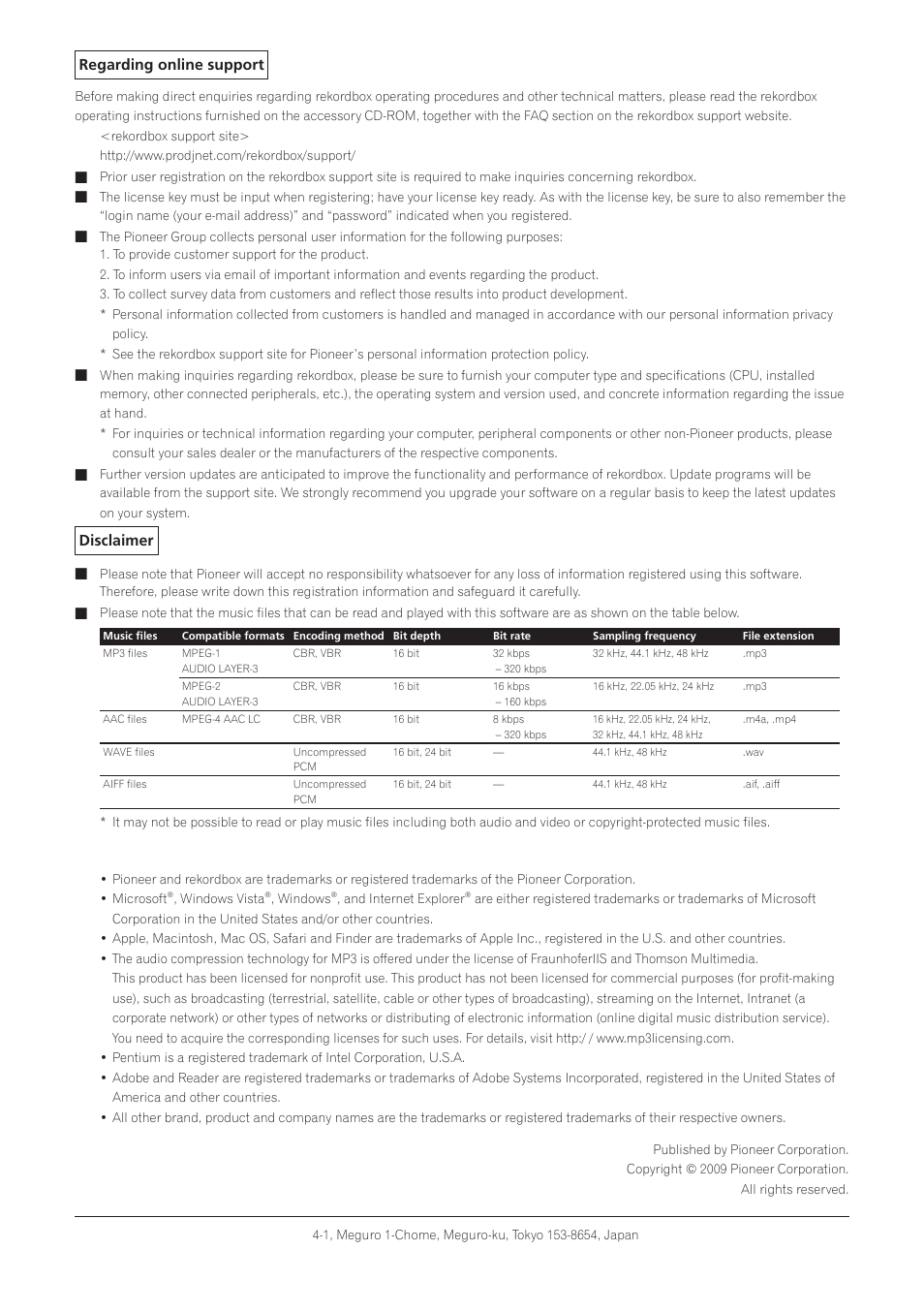 Regarding online support, Disclaimer | Pioneer rekordbox User Manual | Page 7 / 7
