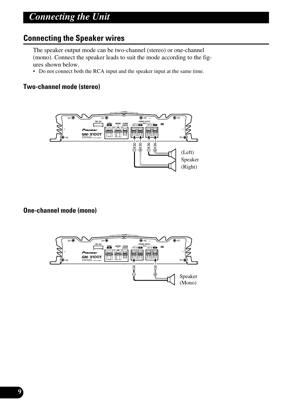 Connecting the speaker wires, Connecting the unit | Pioneer GM-3100T User Manual | Page 10 / 73