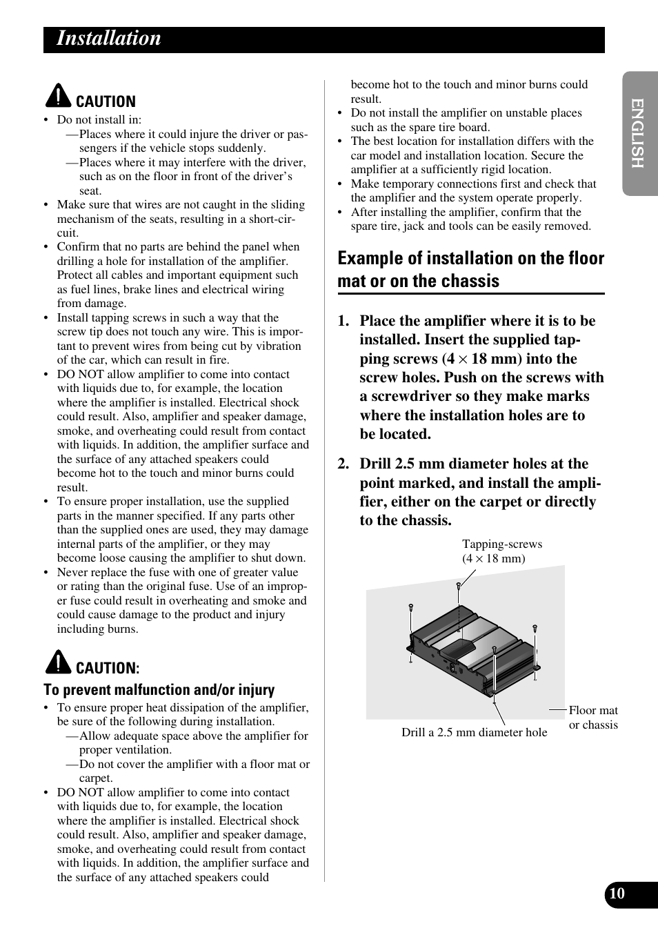 Installation, Example of installation on the floor mat, Or on the chassis | Pioneer GM-3100T User Manual | Page 11 / 73