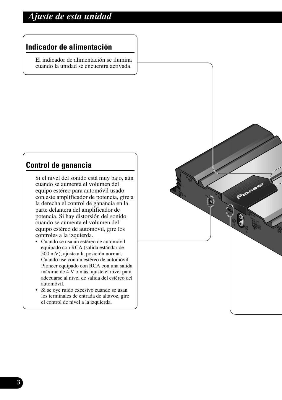 Ajuste de esta unidad, Indicador de alimentación control de ganancia, Control de ganancia | Indicador de alimentación | Pioneer GM-3100T User Manual | Page 16 / 73
