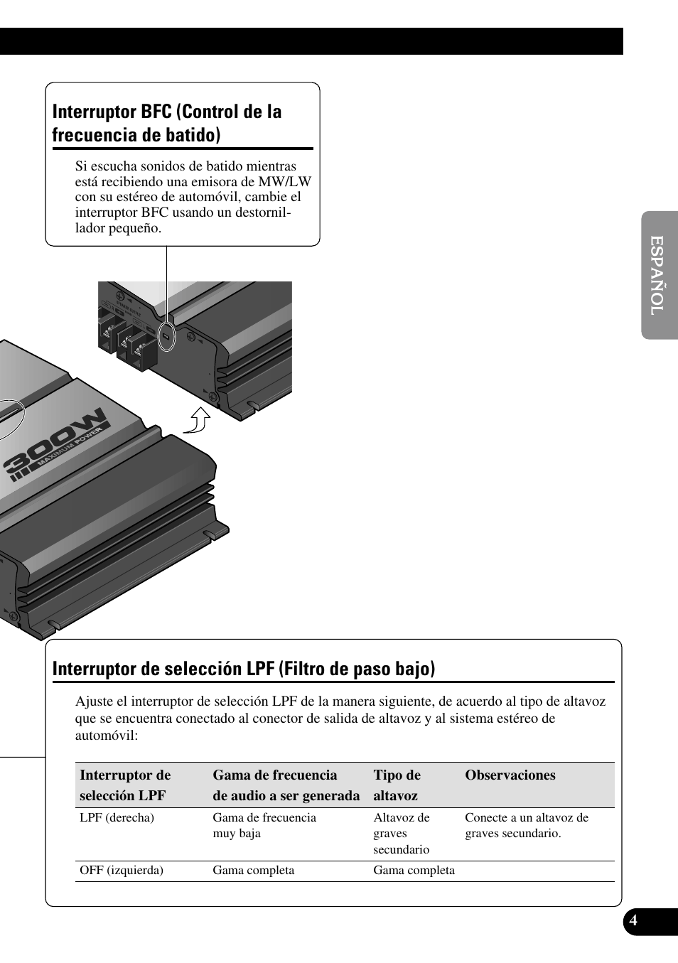 Interruptor bfc, Control de la frecuencia de batido), Interruptor de selección | Lpf (filtro de paso bajo), Interruptor de selección lpf (filtro de paso bajo) | Pioneer GM-3100T User Manual | Page 17 / 73