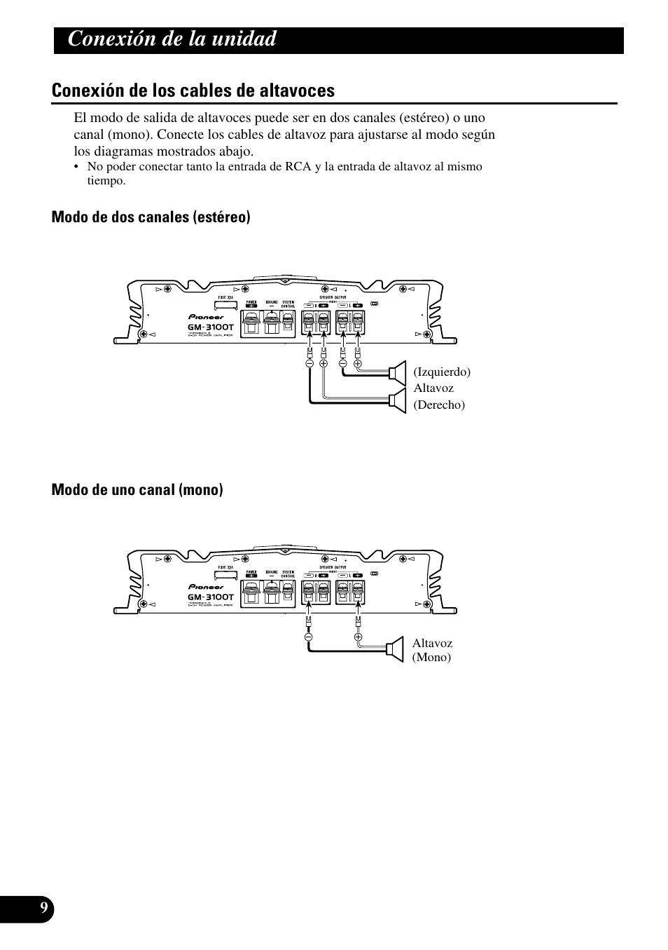 Conexión de los cables de altavoces, Conexión de la unidad | Pioneer GM-3100T User Manual | Page 22 / 73