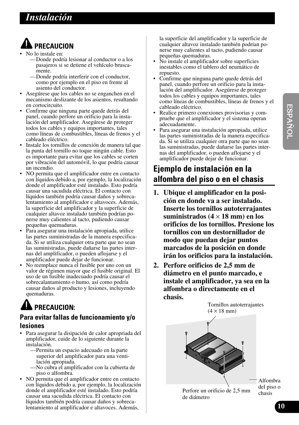 Instalación, Ejemplo de instalación en la alfombra, Del piso o en el chasis | Pioneer GM-3100T User Manual | Page 23 / 73