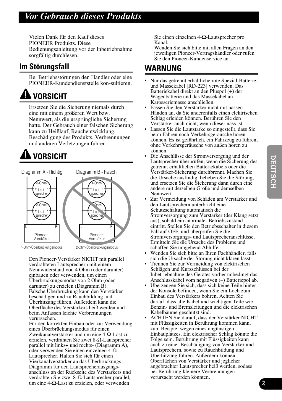 Vor gebrauch dieses produkts, Im störungsfall vorsicht vorsicht warnung, Im störungsfall | Vorsicht, Warnung | Pioneer GM-3100T User Manual | Page 27 / 73