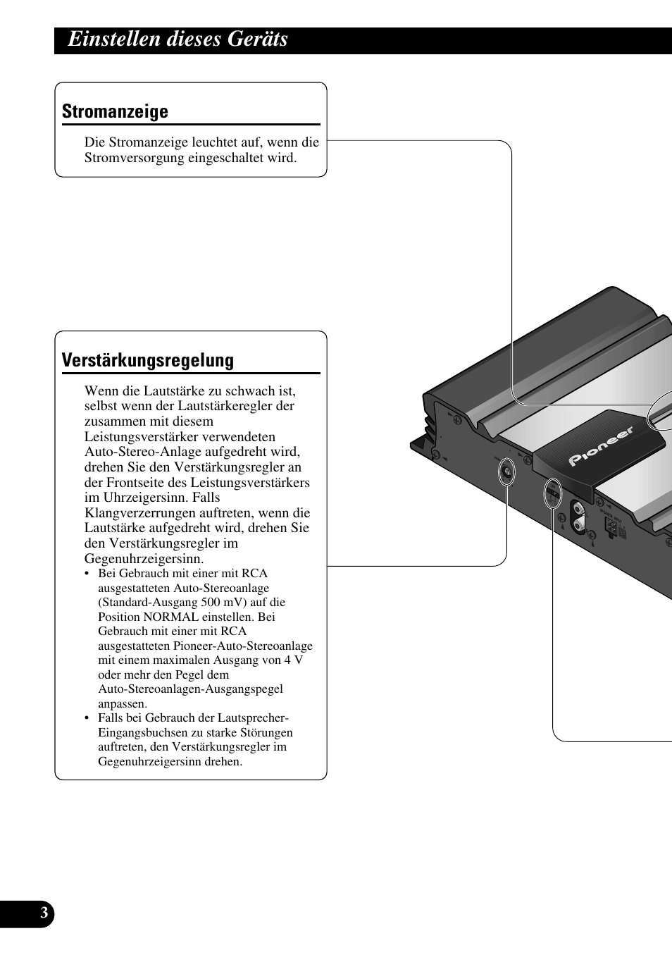 Einstellen dieses geräts, Stromanzeige verstärkungsregelung, Verstärkungsregelung | Stromanzeige | Pioneer GM-3100T User Manual | Page 28 / 73