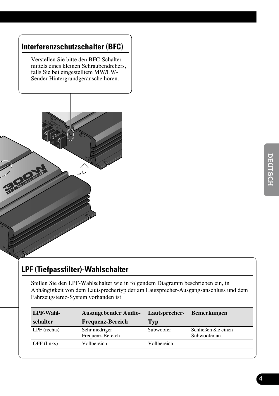 Lpf (tiefpassfilter)-wahlschalter, Interferenzschutzschalter (bfc) | Pioneer GM-3100T User Manual | Page 29 / 73