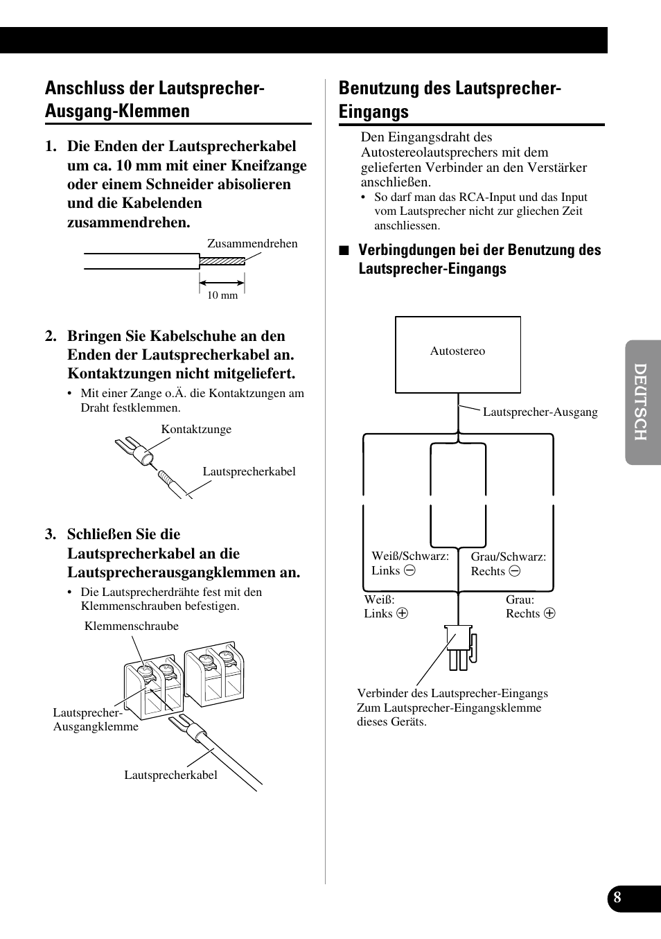 Anschluss der lautsprecher-ausgang, Klemmen, Benutzung des lautsprecher-eingangs | Anschluss der lautsprecher- ausgang-klemmen, Benutzung des lautsprecher- eingangs | Pioneer GM-3100T User Manual | Page 33 / 73