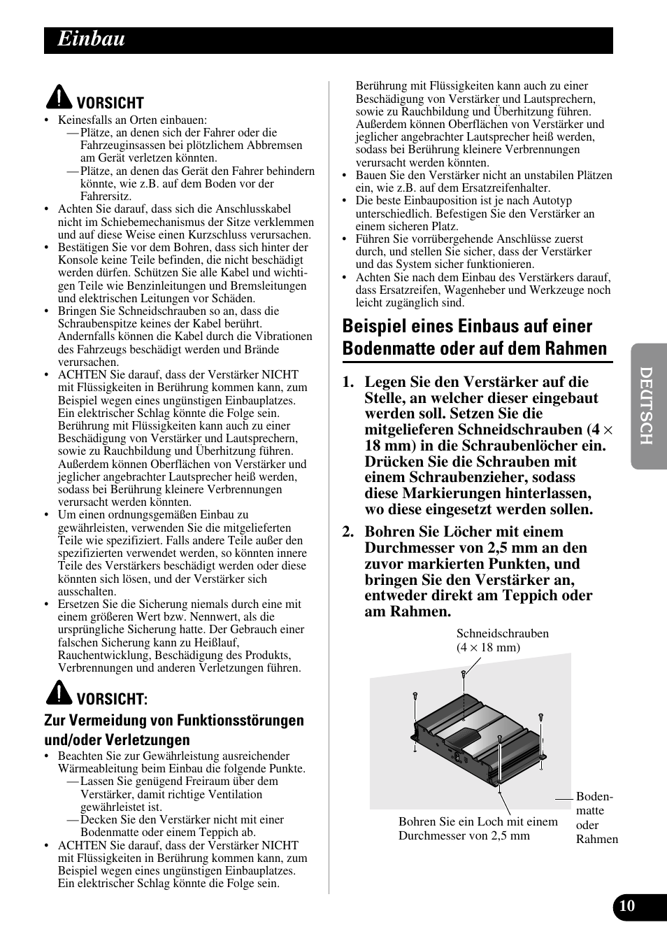 Einbau, Beispiel eines einbaus auf einer, Bodenmatte oder auf dem rahmen | Pioneer GM-3100T User Manual | Page 35 / 73