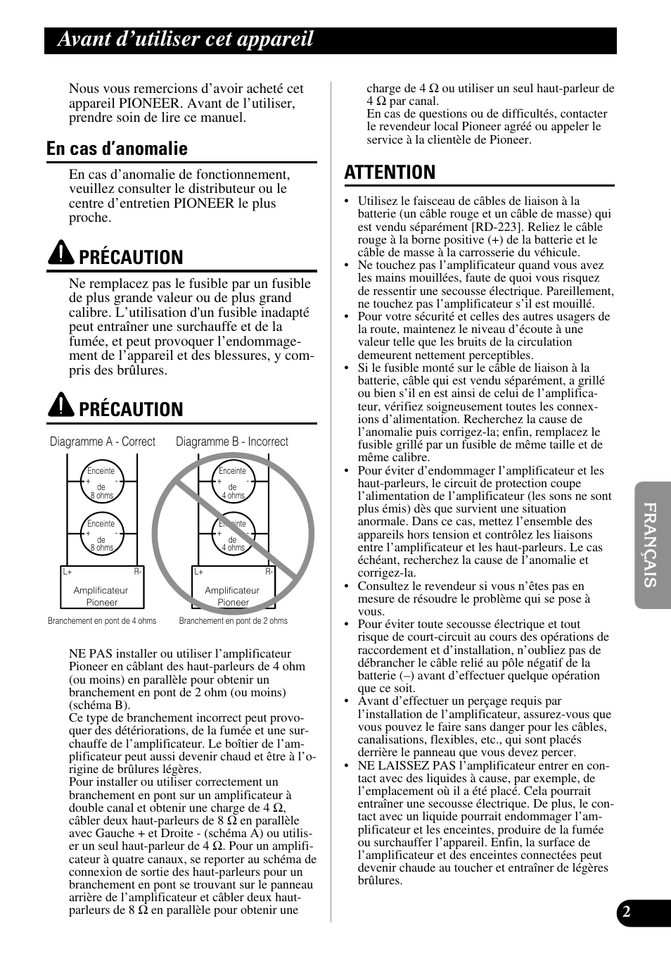 Avant d’utiliser cet appareil, En cas d’anomalie précaution précaution attention, En cas d’anomalie | Précaution, Attention | Pioneer GM-3100T User Manual | Page 39 / 73