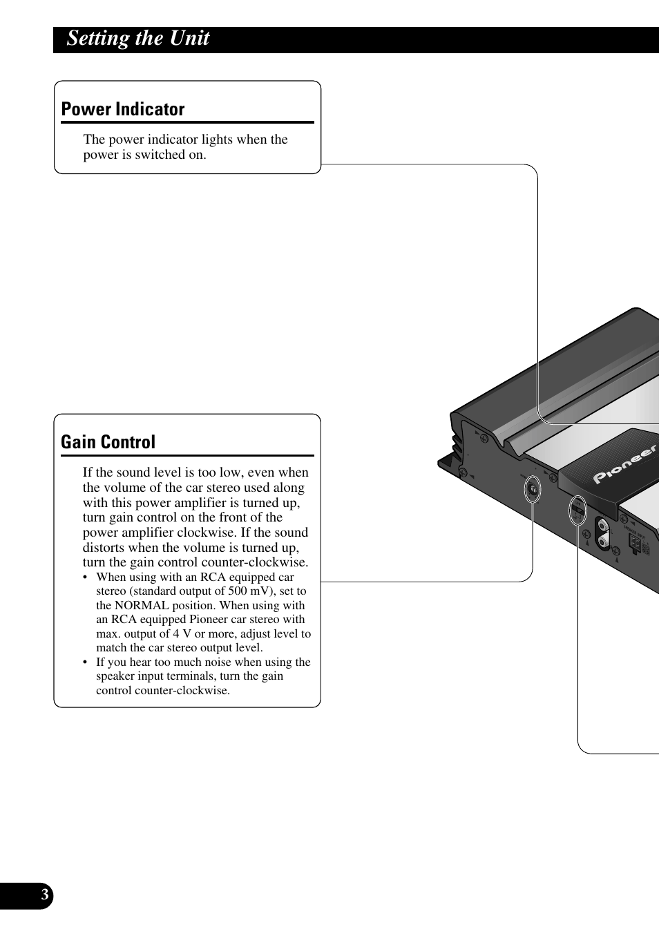 Setting the unit, Power indicator gain control, Gain control | Power indicator | Pioneer GM-3100T User Manual | Page 4 / 73