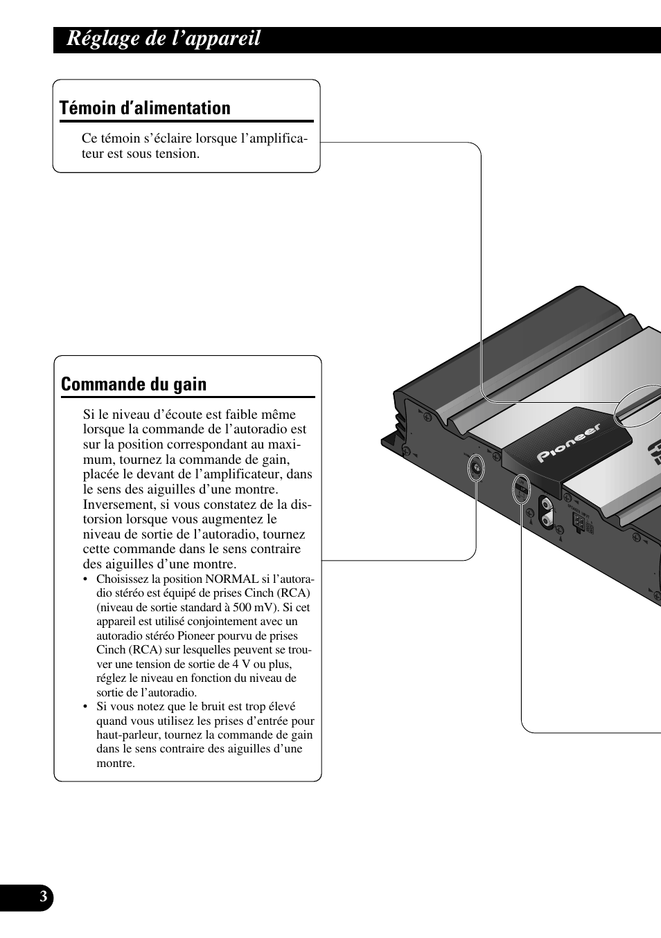 Réglage de l’appareil, Témoin d’alimentation commande du gain, Commande du gain | Témoin d’alimentation | Pioneer GM-3100T User Manual | Page 40 / 73