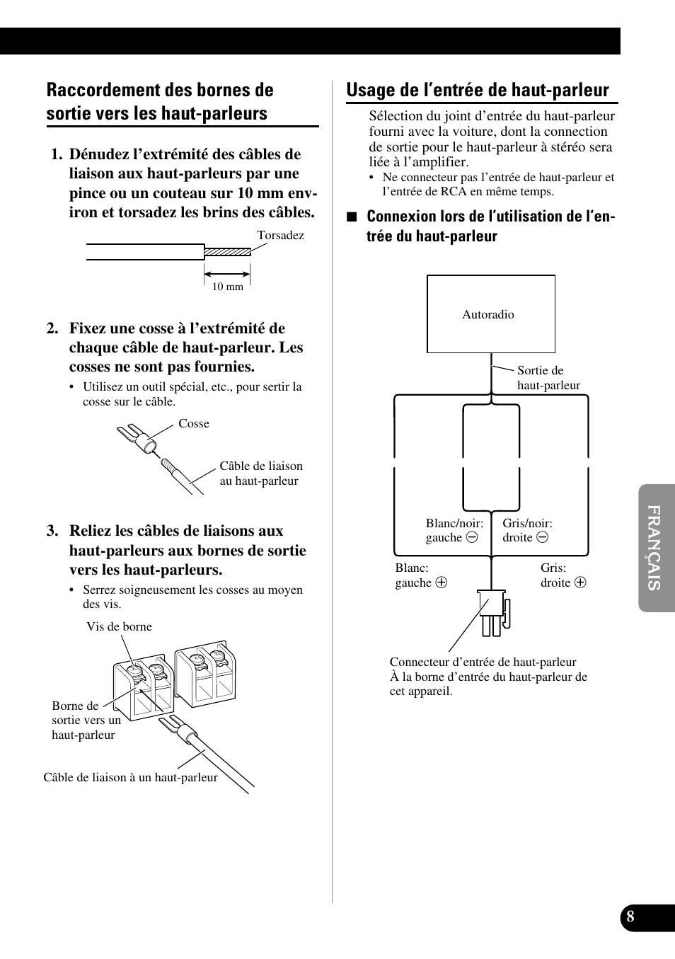 Raccordement des bornes de sortie vers, Les haut-parleurs, Usage de l’entrée de haut-parleur | Pioneer GM-3100T User Manual | Page 45 / 73