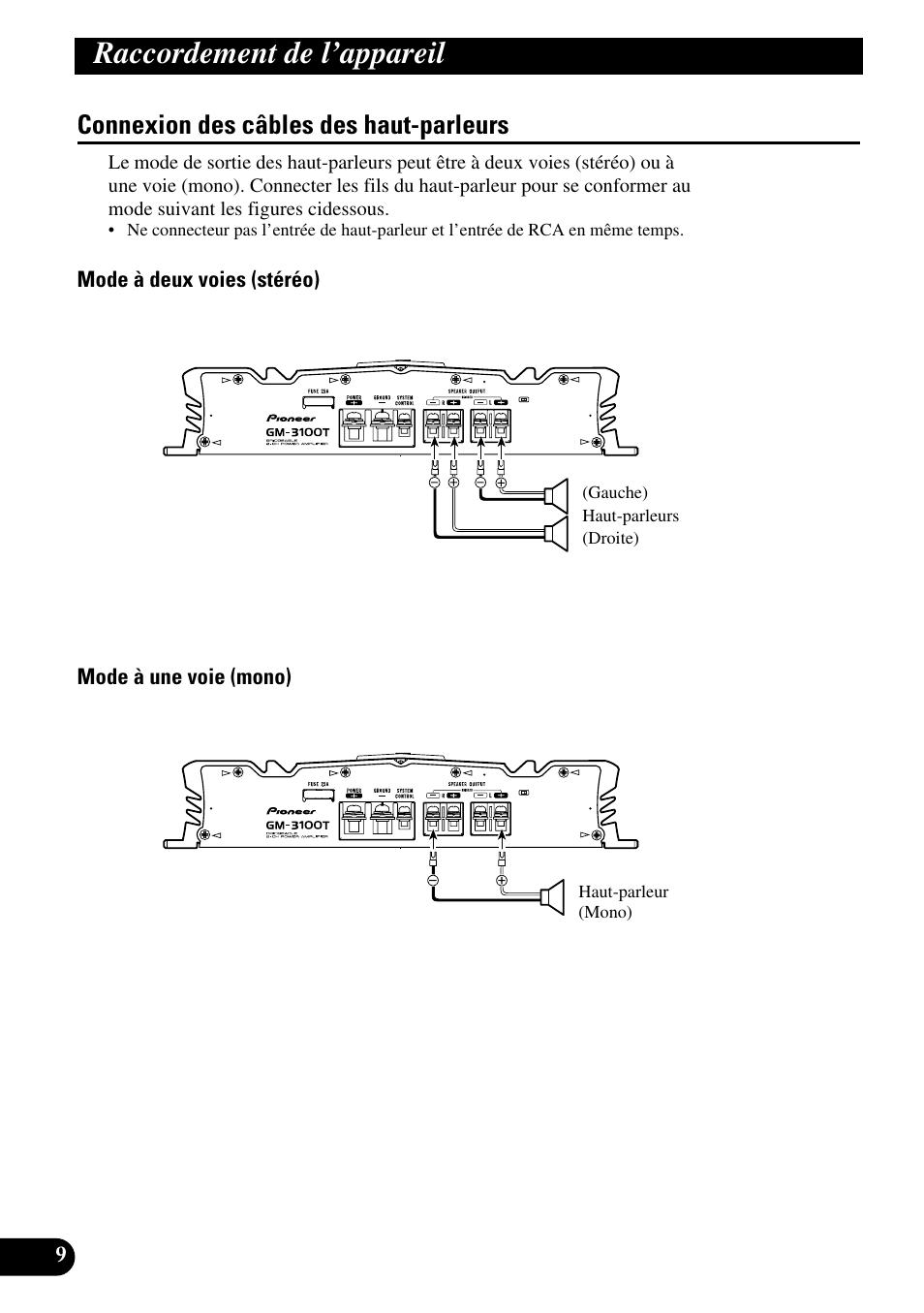 Connexion des câbles des haut-parleurs, Raccordement de l’appareil | Pioneer GM-3100T User Manual | Page 46 / 73