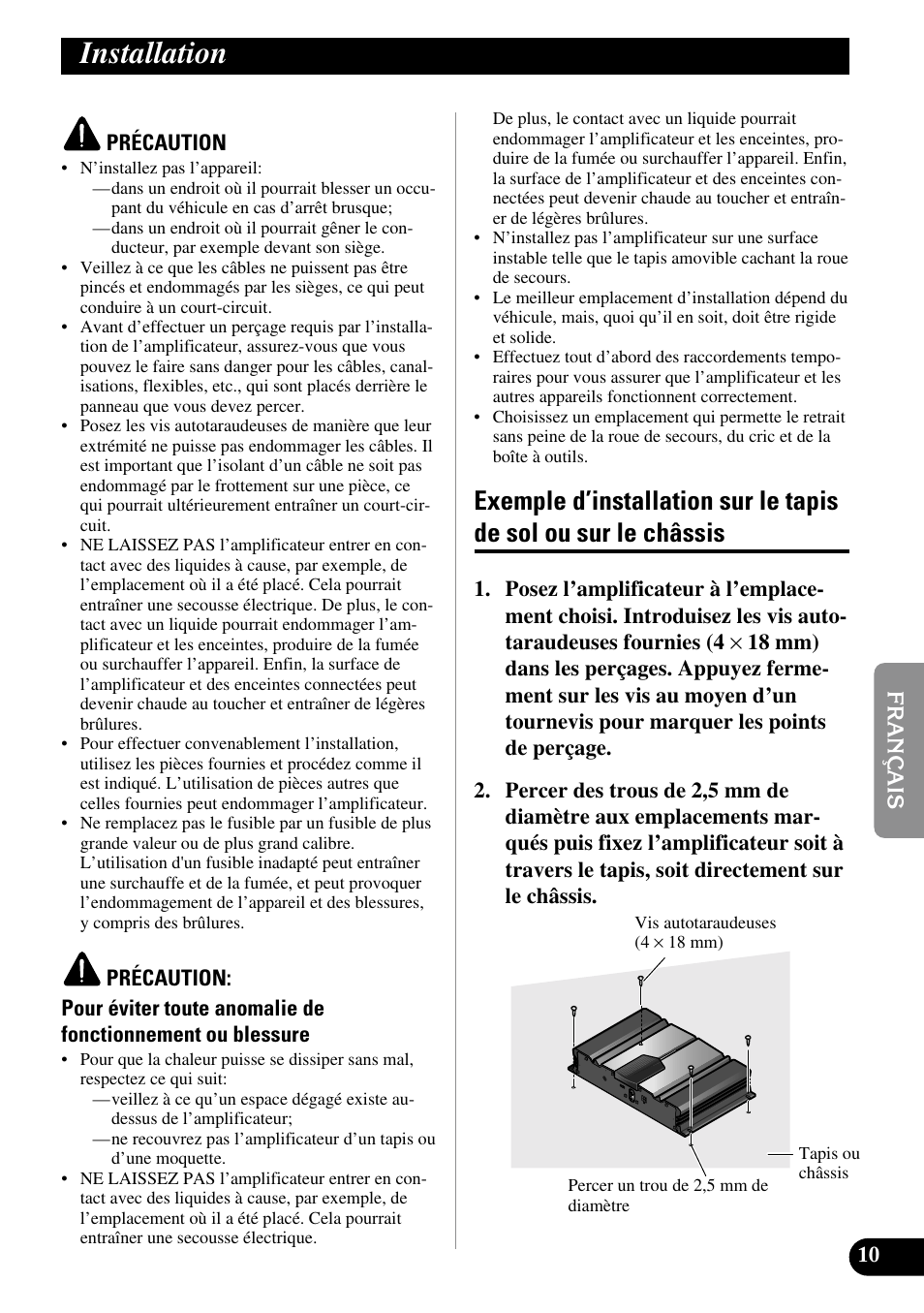 Installation, Exemple d’installation sur le tapis de sol, Ou sur le châssis | Pioneer GM-3100T User Manual | Page 47 / 73