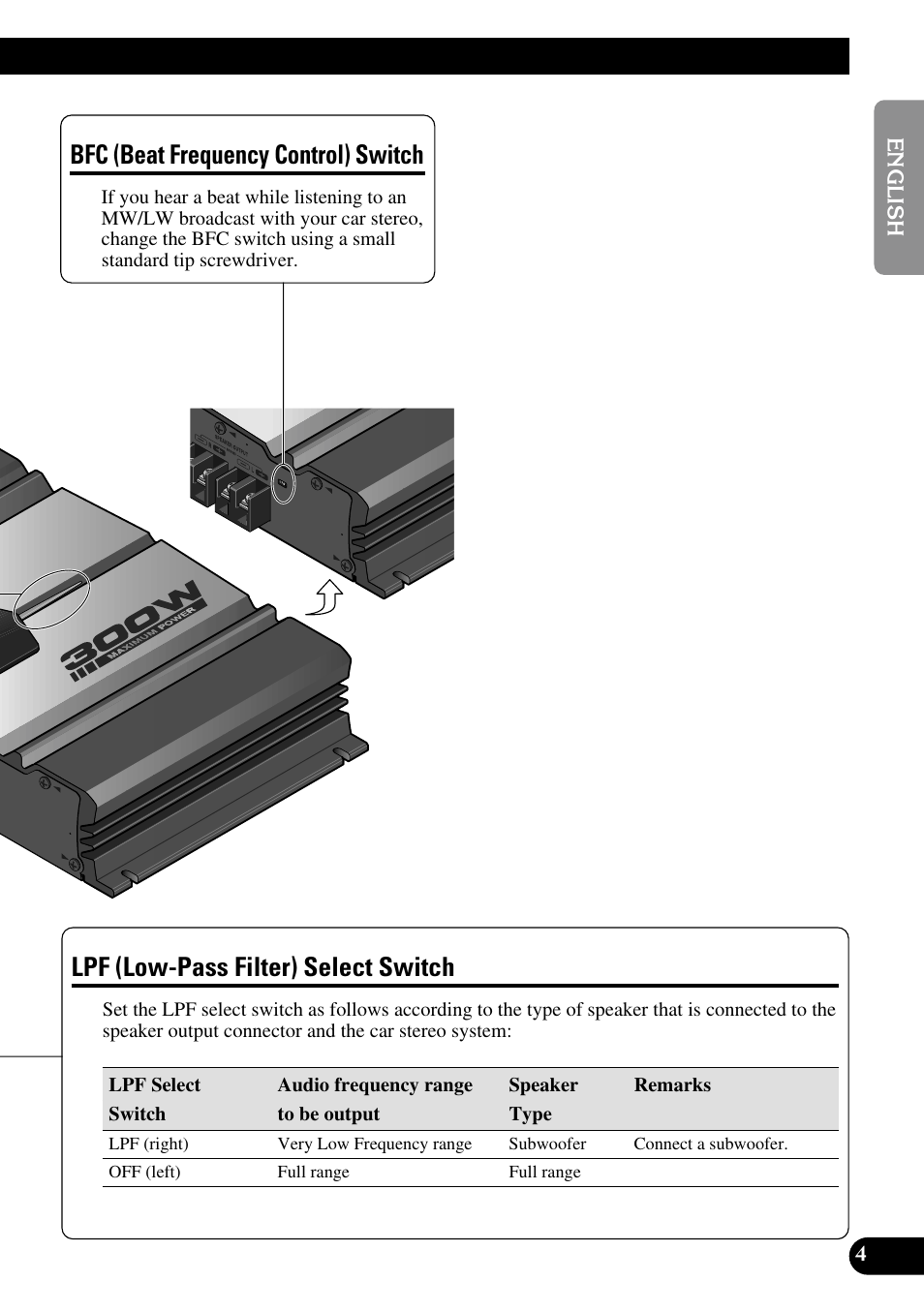 Lpf (low-pass filter) select switch, Bfc (beat frequency control) switch | Pioneer GM-3100T User Manual | Page 5 / 73