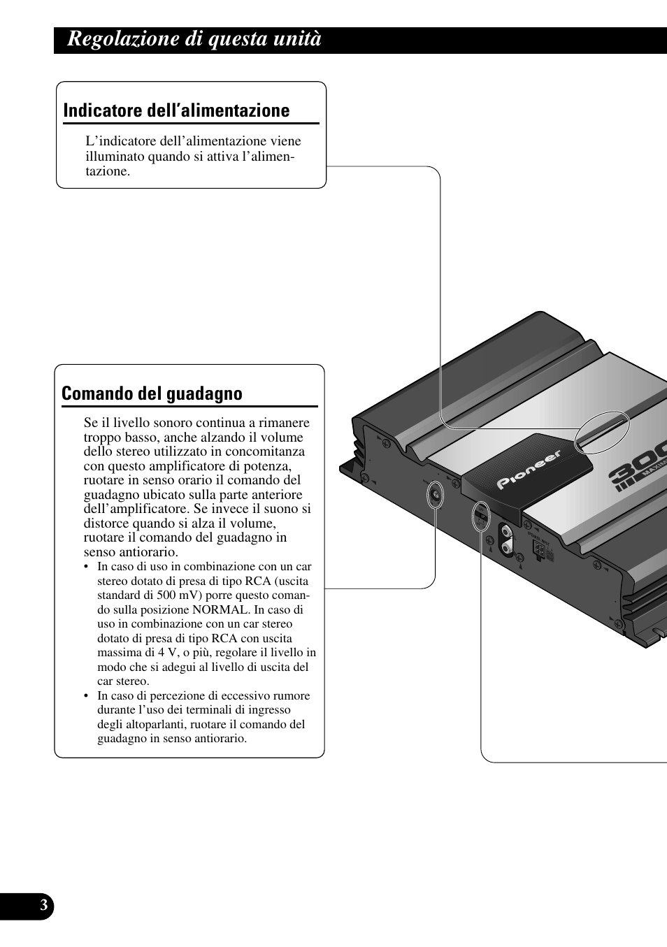 Regolazione di questa unità, Indicatore dell’alimentazione comando del guadagno, Comando del guadagno | Indicatore dell’alimentazione | Pioneer GM-3100T User Manual | Page 52 / 73