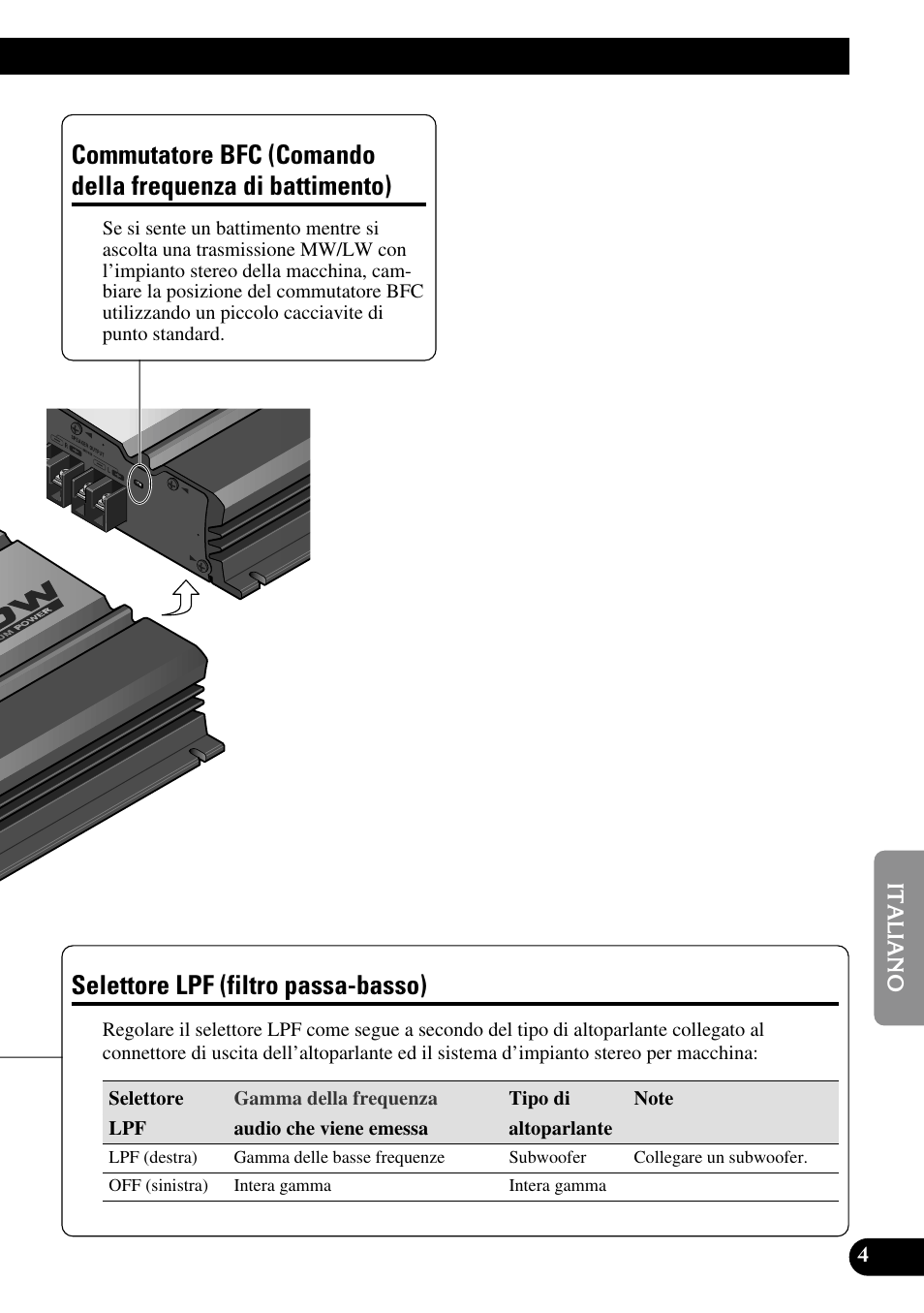 Commutatore bfc (comando della, Frequenza di battimento), Selettore lpf (filtro passa-basso) | Pioneer GM-3100T User Manual | Page 53 / 73