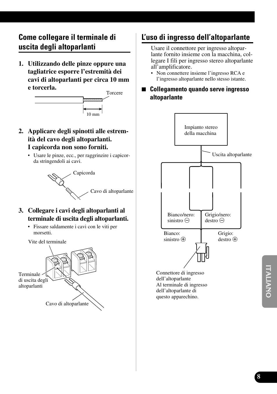 Come collegare il terminale di uscita degli, Altoparlanti, L’uso di ingresso dell’altoparlante | Pioneer GM-3100T User Manual | Page 57 / 73