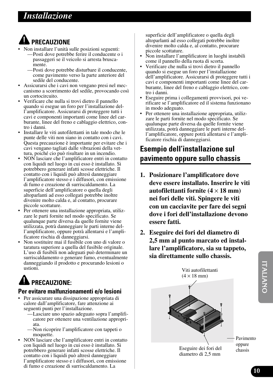 Installazione, Esempio dell’installazione sul pavimento, Oppure sullo chassis | Pioneer GM-3100T User Manual | Page 59 / 73