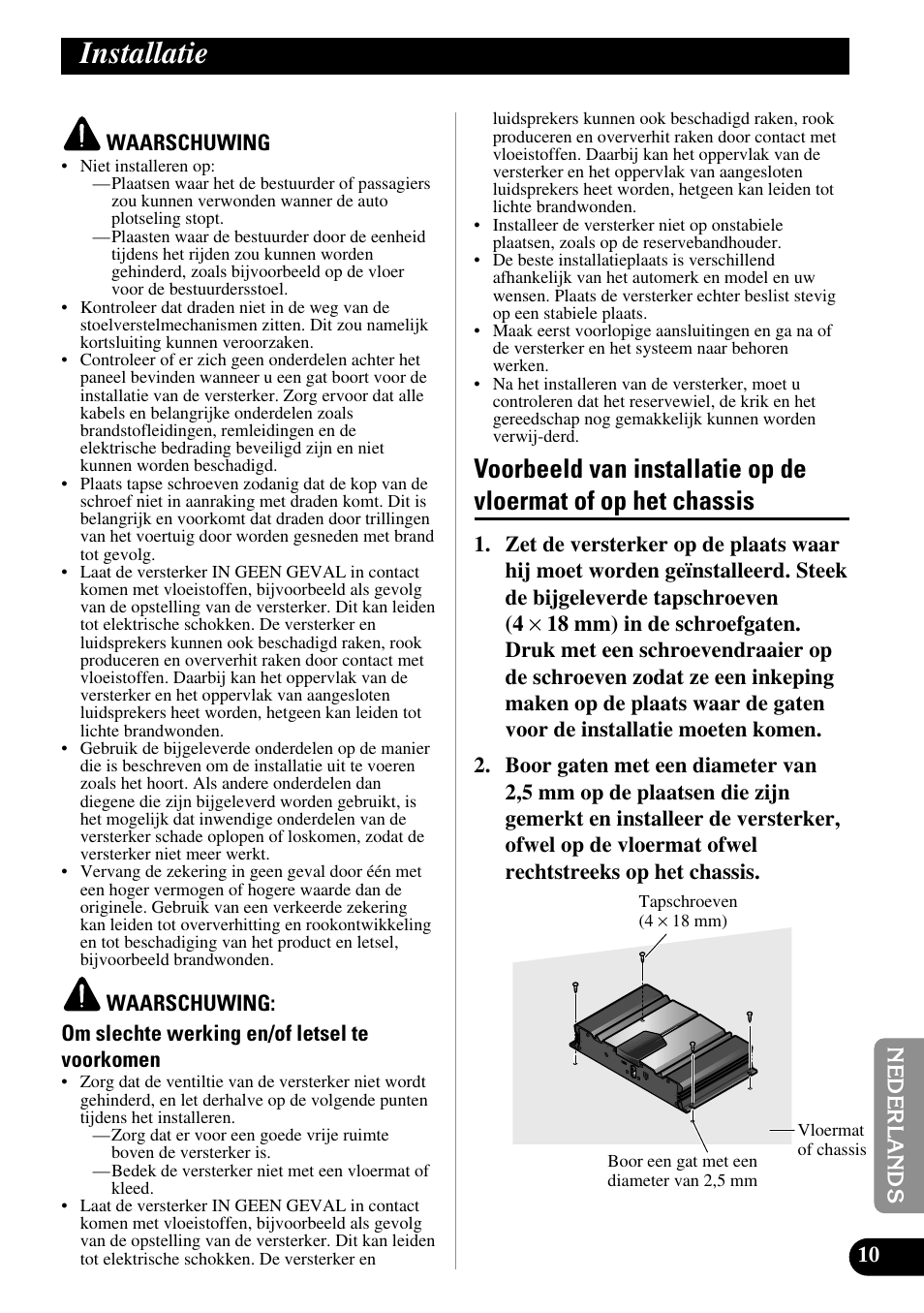 Installatie, Voorbeeld van installatie op de vloermat of, Op het chassis | Pioneer GM-3100T User Manual | Page 71 / 73
