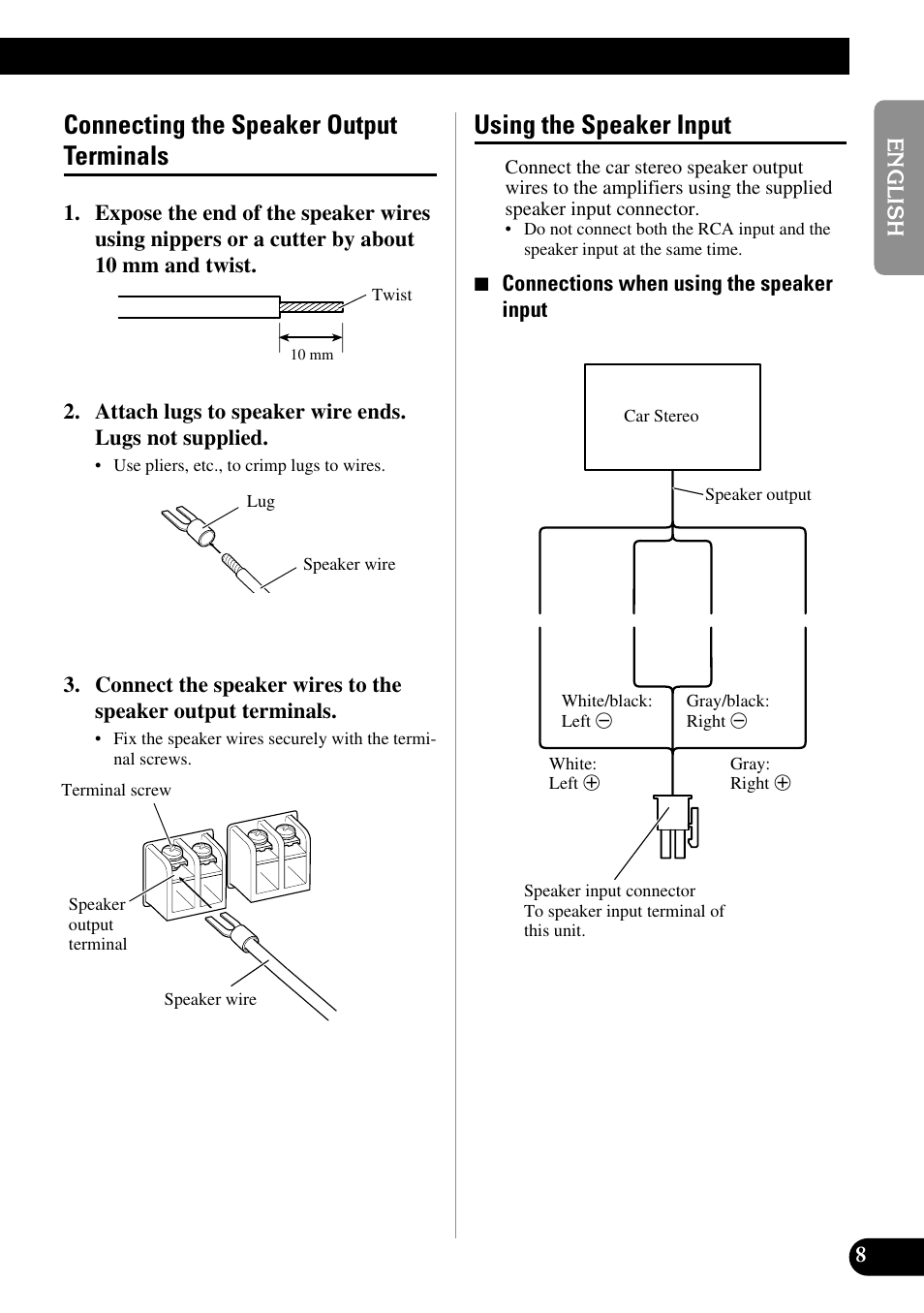 Connecting the speaker output terminals, Using the speaker input | Pioneer GM-3100T User Manual | Page 9 / 73