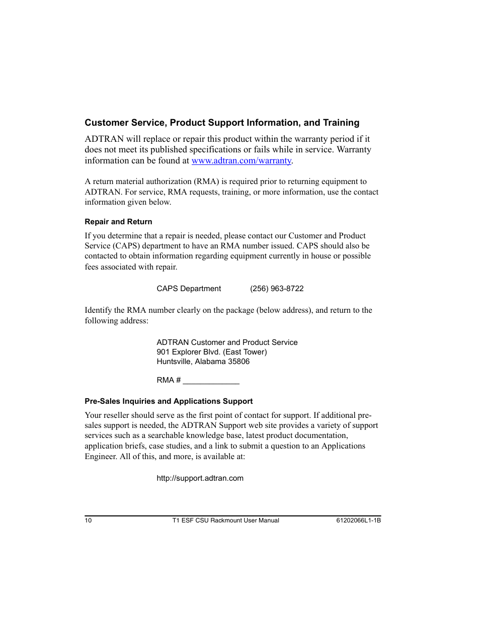 ADTRAN Cable T1 ESF CSU ACE User Manual | Page 10 / 50