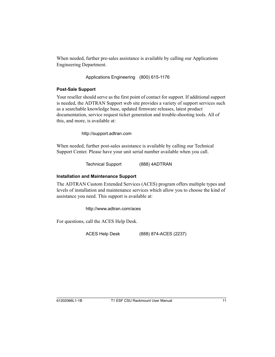 ADTRAN Cable T1 ESF CSU ACE User Manual | Page 11 / 50