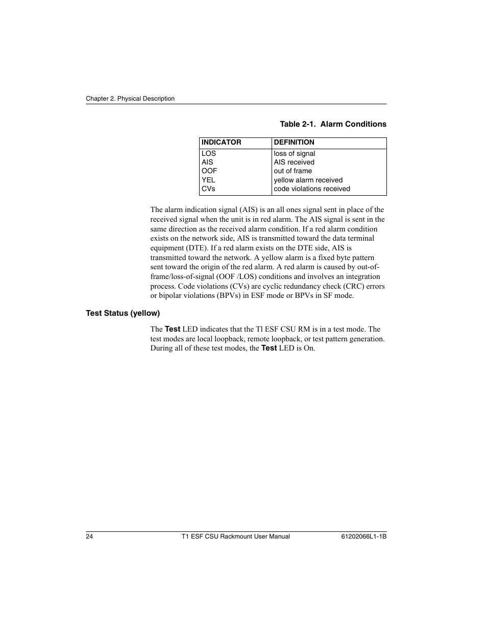 Test status (yellow) | ADTRAN Cable T1 ESF CSU ACE User Manual | Page 24 / 50