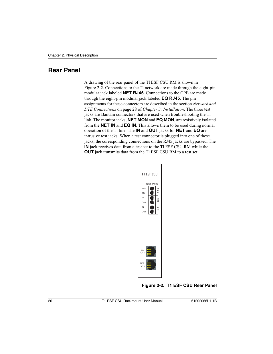 Rear panel, Figure 2-2. t1 esf csu rear panel | ADTRAN Cable T1 ESF CSU ACE User Manual | Page 26 / 50