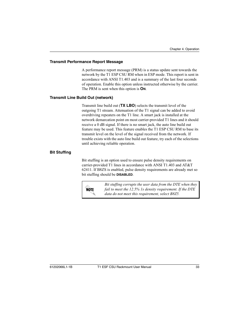 Transmit performance report message, Transmit line build out (network), Bit stuffing | ADTRAN Cable T1 ESF CSU ACE User Manual | Page 33 / 50