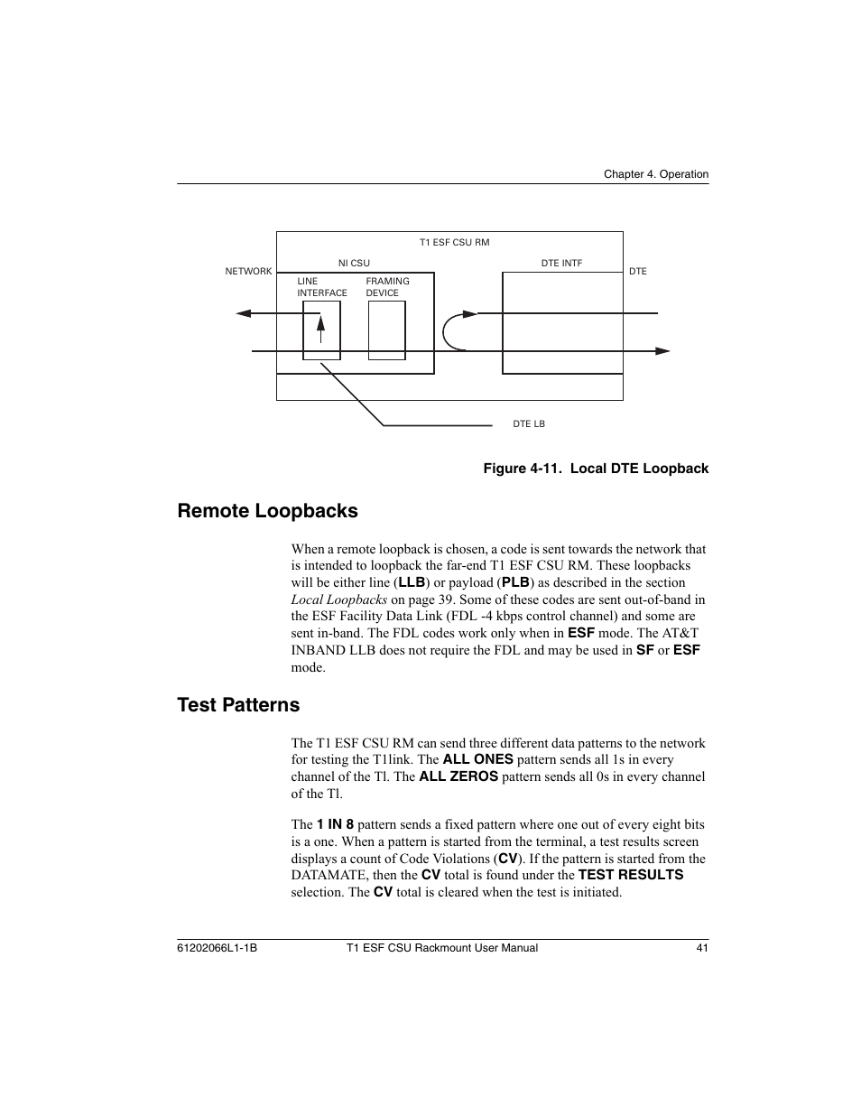 Remote loopbacks, Test patterns, Remote loopbacks test patterns | Figure 4-11. local dte loopback | ADTRAN Cable T1 ESF CSU ACE User Manual | Page 41 / 50