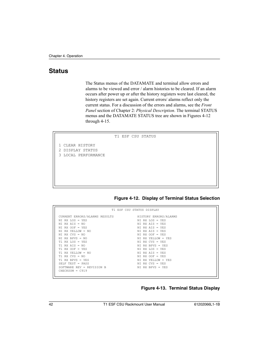 Status | ADTRAN Cable T1 ESF CSU ACE User Manual | Page 42 / 50