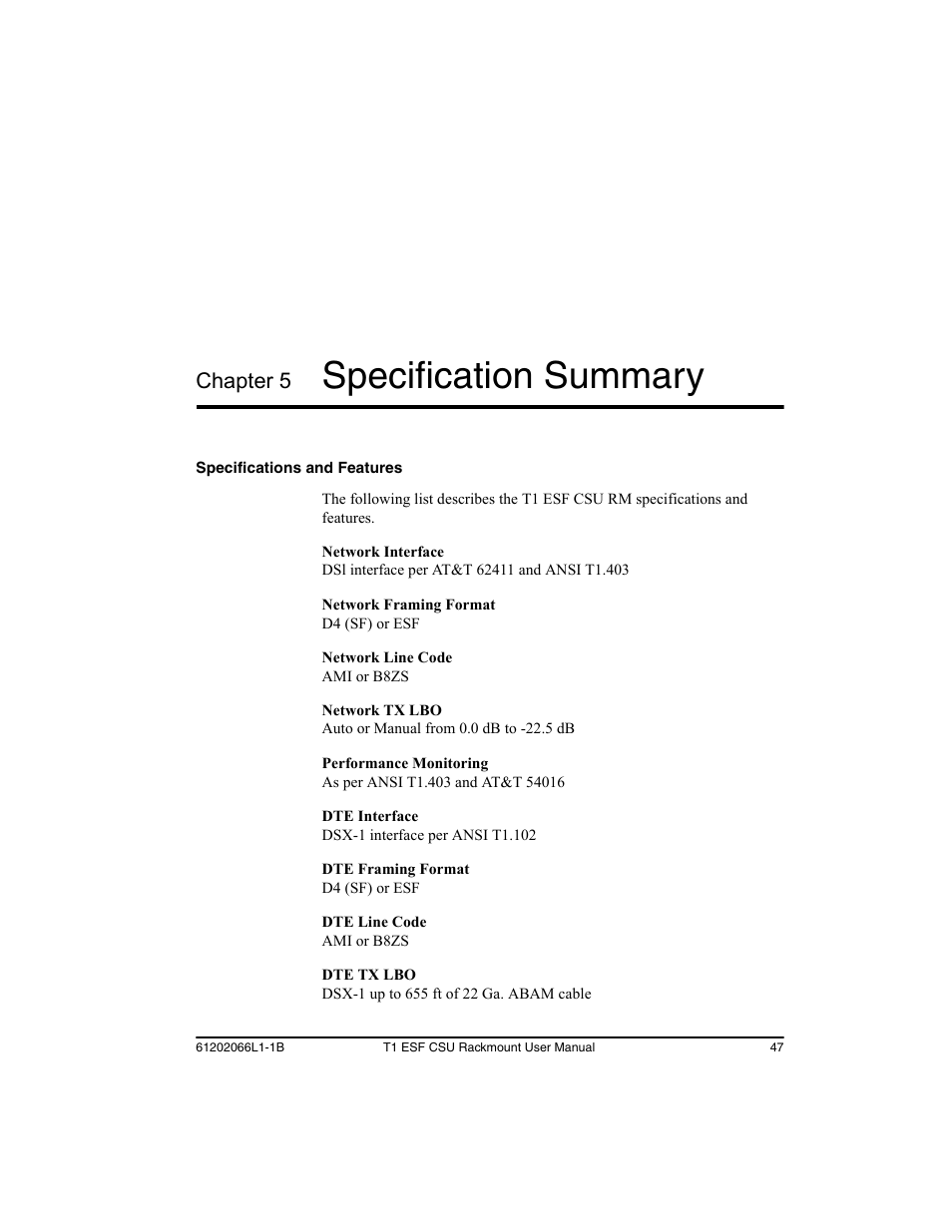 Chapter 5 specification summary, Specifications and features, Chapter 5: specification summary | Specification summary, Chapter 5 | ADTRAN Cable T1 ESF CSU ACE User Manual | Page 47 / 50