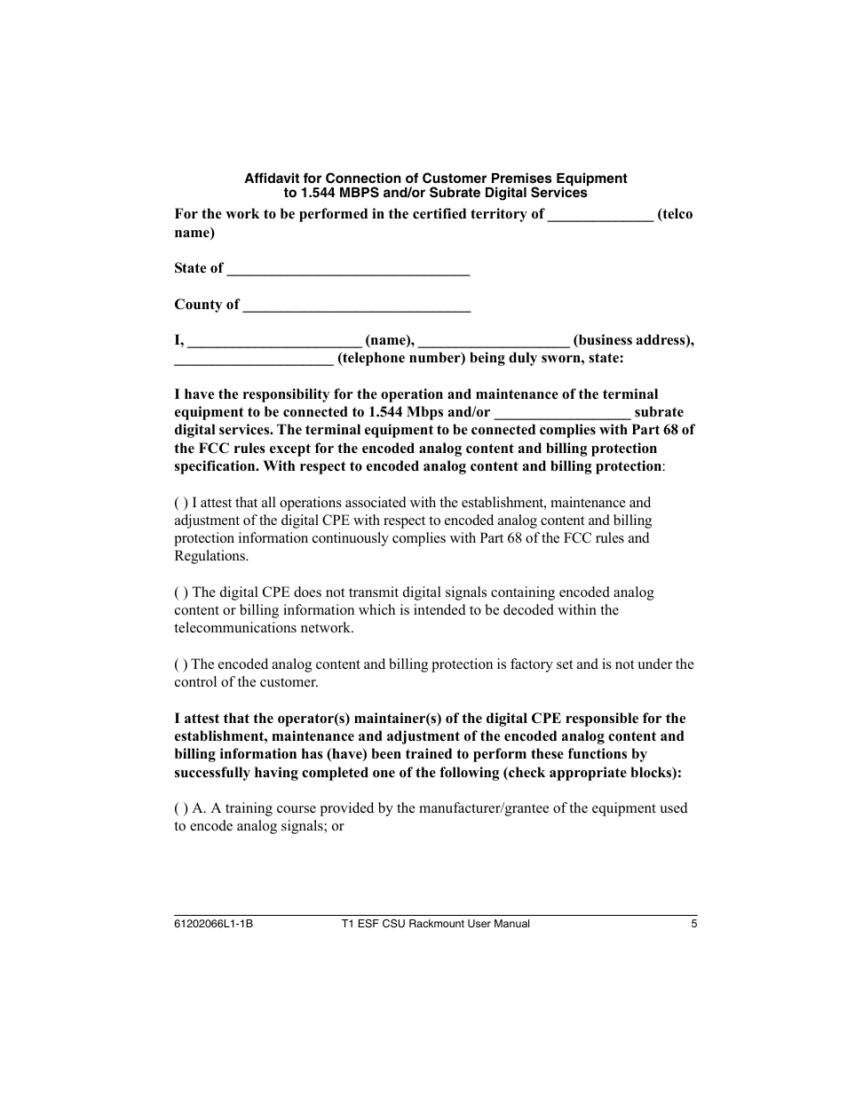 ADTRAN Cable T1 ESF CSU ACE User Manual | Page 5 / 50