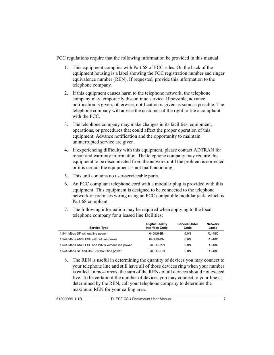 ADTRAN Cable T1 ESF CSU ACE User Manual | Page 7 / 50