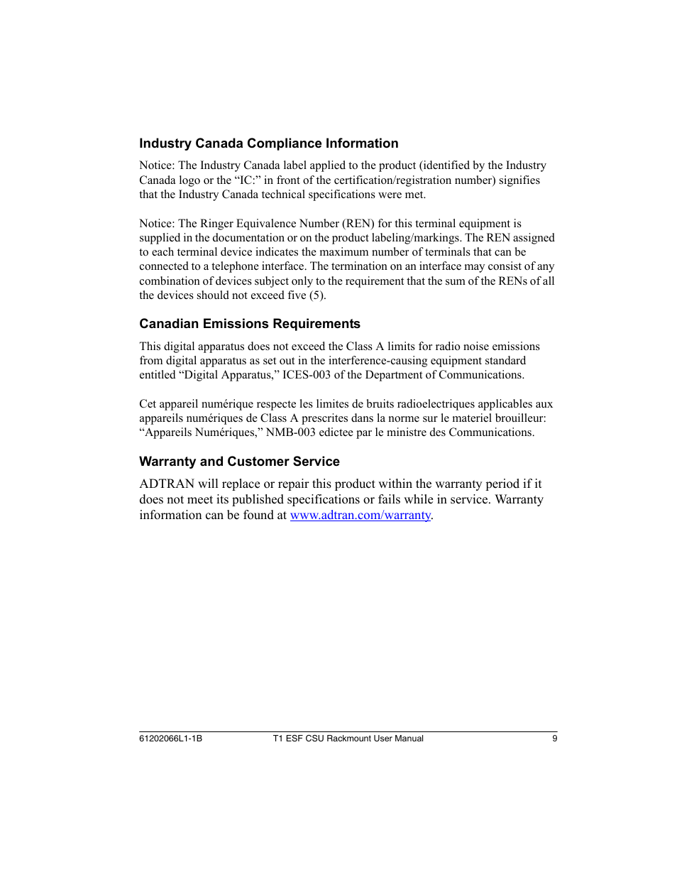 ADTRAN Cable T1 ESF CSU ACE User Manual | Page 9 / 50