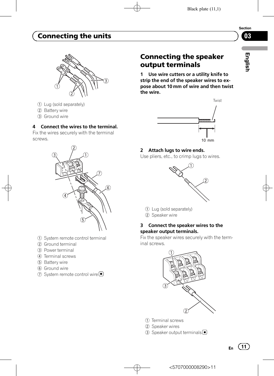 Connecting the speaker output terminals, 03 connecting the units | Pioneer GM-A6604 User Manual | Page 11 / 108