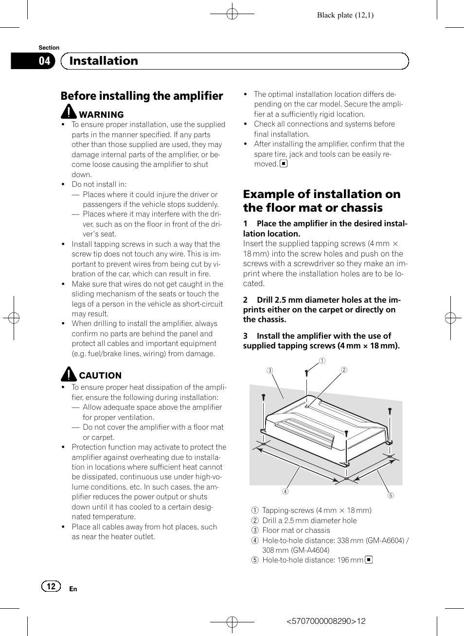 Before installing the amplifier, 04 installation | Pioneer GM-A6604 User Manual | Page 12 / 108