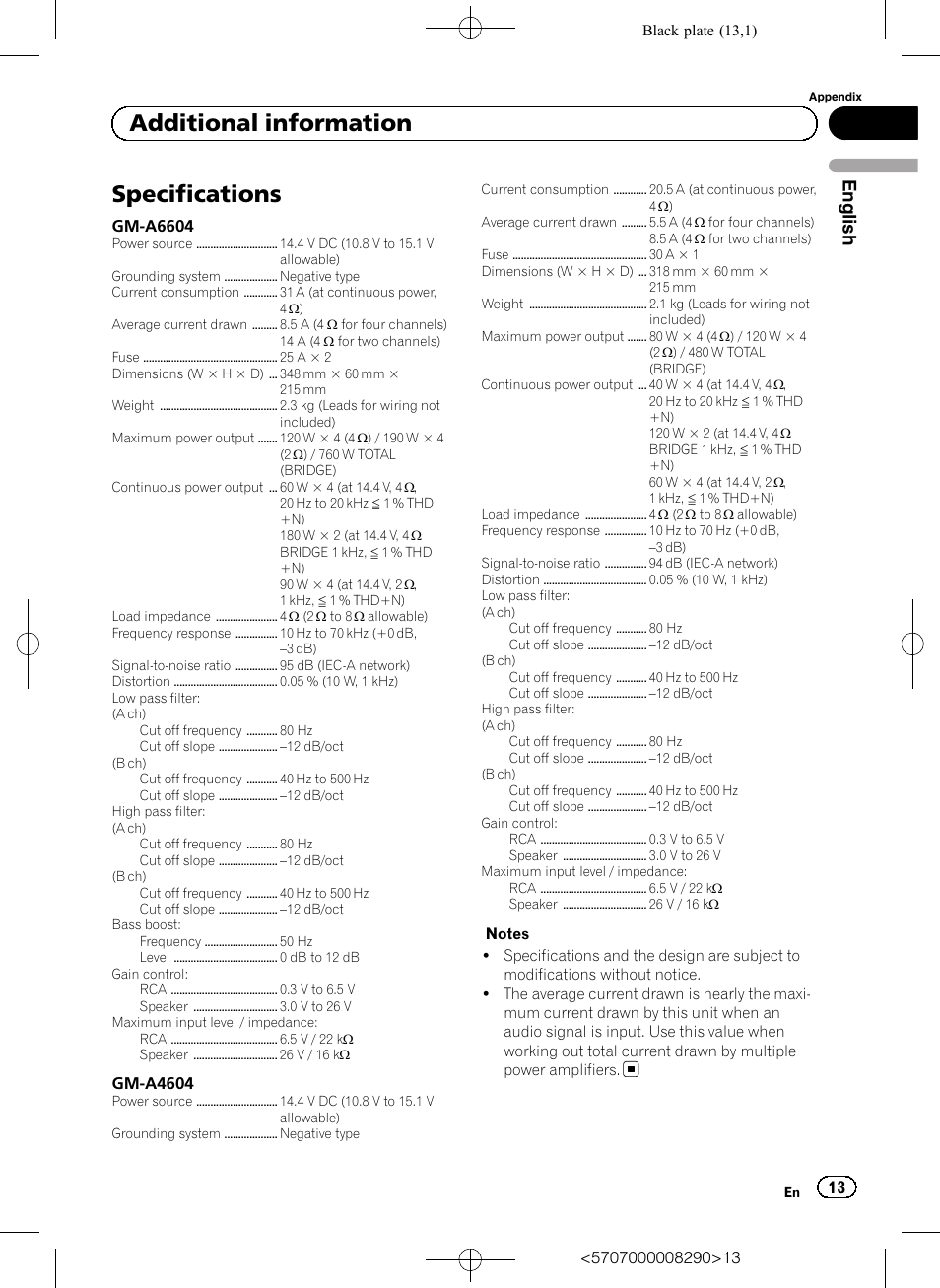 Specifications, Additional information, English | Pioneer GM-A6604 User Manual | Page 13 / 108