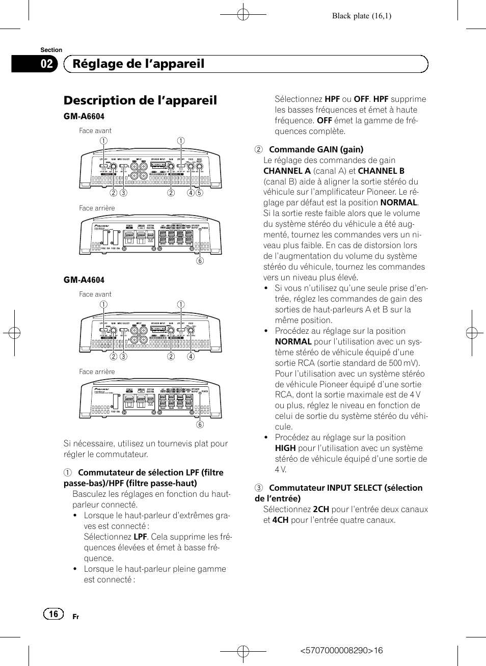 Description de l ’appareil, 02 réglage de l ’appareil | Pioneer GM-A6604 User Manual | Page 16 / 108