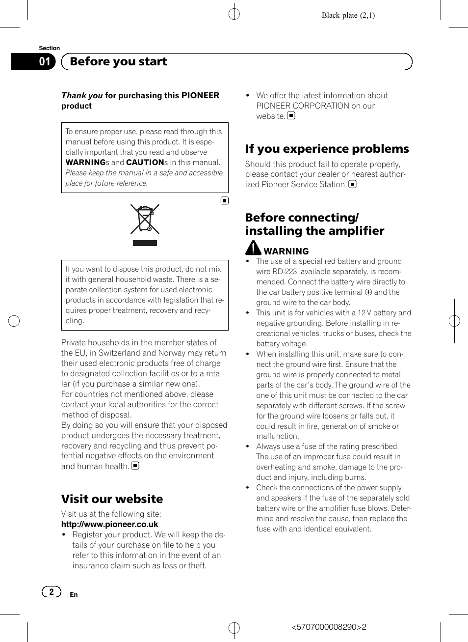 Owner’s manual, Bridgeable four-channel power amplifier, Visit our website | If you experience problems, Before connecting/ installing the amplifier, 01 before you start | Pioneer GM-A6604 User Manual | Page 2 / 108