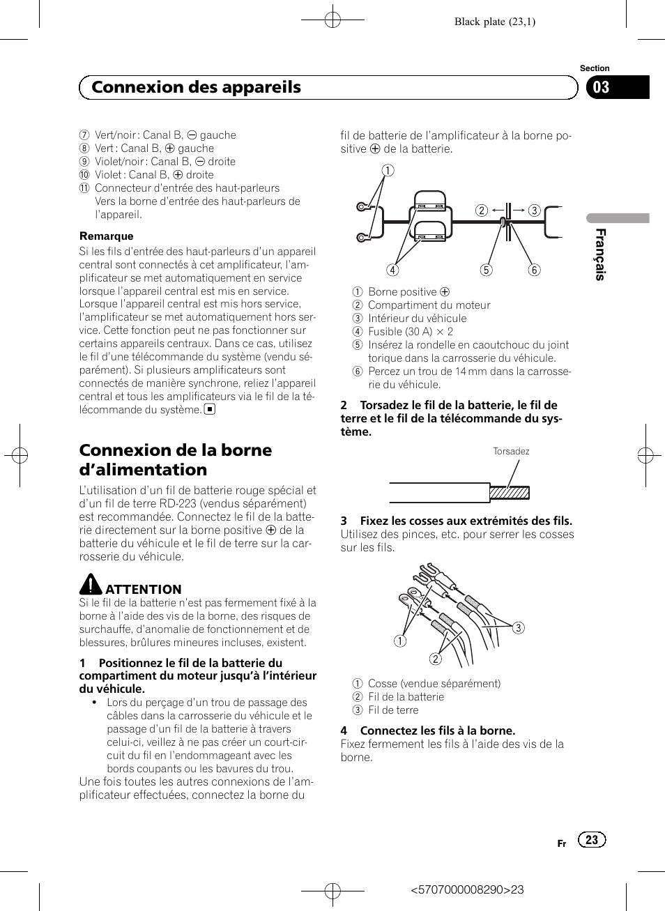 Connexion de la borne d ’alimentation, 03 connexion des appareils | Pioneer GM-A6604 User Manual | Page 23 / 108