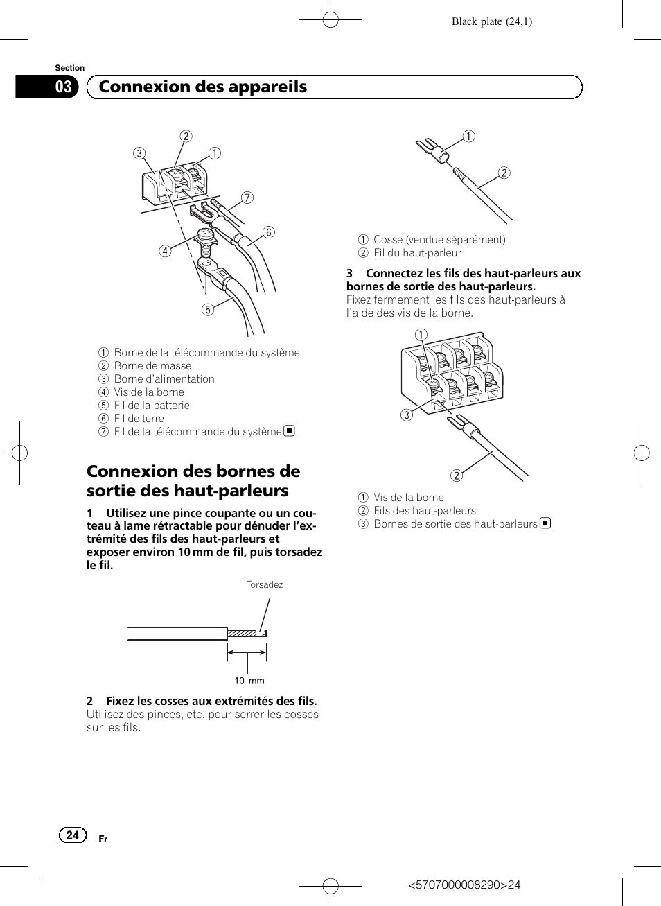 Connexion des bornes de sortie des haut-parleurs, 03 connexion des appareils | Pioneer GM-A6604 User Manual | Page 24 / 108