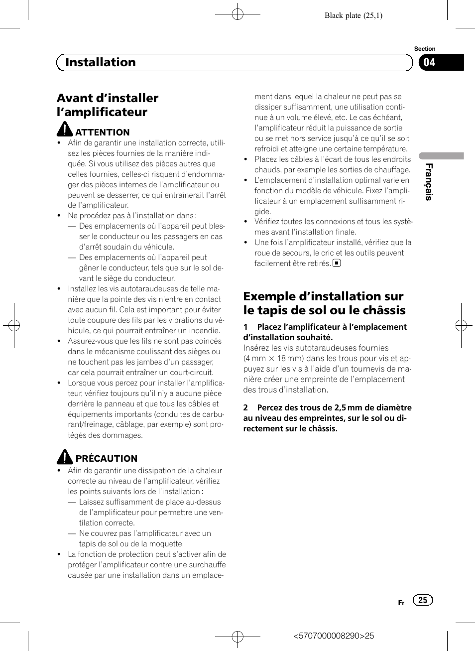 Avant d ’installer l ’amplificateur, 04 installation | Pioneer GM-A6604 User Manual | Page 25 / 108