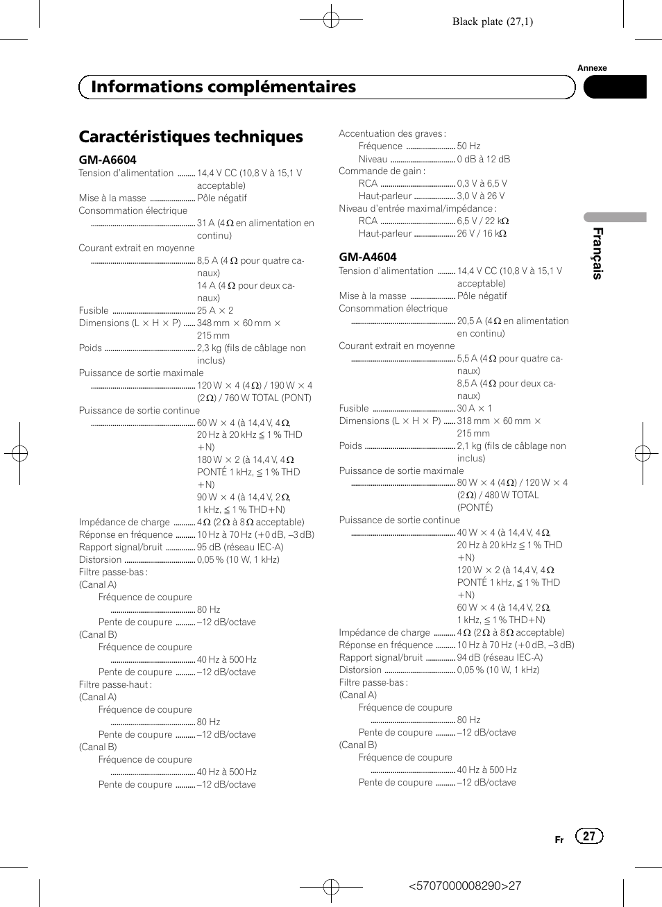 Caractéristiques techniques, Informations complémentaires, Français | Pioneer GM-A6604 User Manual | Page 27 / 108